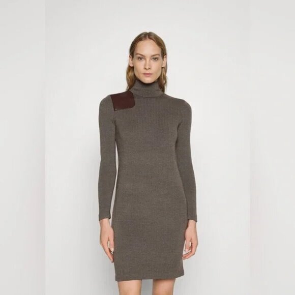 Lauren Ralph Lauren Faux Leather Trim 100% Merino Wool Sweaterdress Sz. 1X - Picture 1 of 16